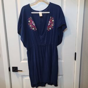 Time and Tru Blue Plunge Dolman Sleeve Coverup With Floral Designs Size 1x